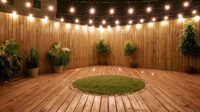 Warmly lit wooden deck with circular grass and glowing overhead lights