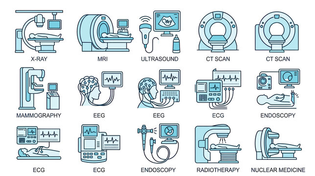 Medical Diagnostic Equipment Icons: X-Ray, MRI, Ultrasound, CT, Mammography, EEG, ECG