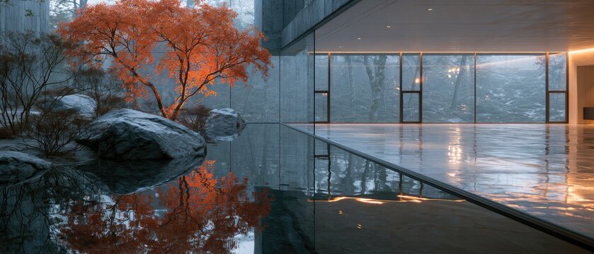 Tranquil indoor garden with fiery tree reflection in water