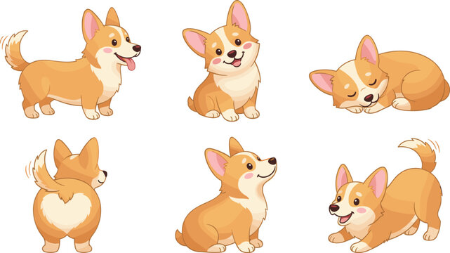 A collection of a cute Pembroke Welsh corgi puppy character in playful poses including sleeping stretching standing and tail wagging vector