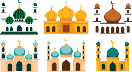 Islamic Mosque Building Flat Vector Icon Set with Beautiful Domes and Minarets for Ramadan Kareem, Eid Mubarak, and Religious Celebrations © MSTFarjana