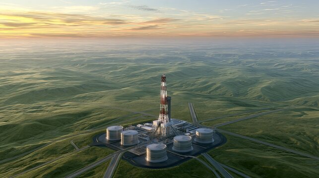 Industrial complex set against a backdrop of rolling hills under a hazy sky