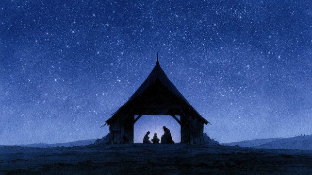 Silhouetted figures gather in stable under starry night sky