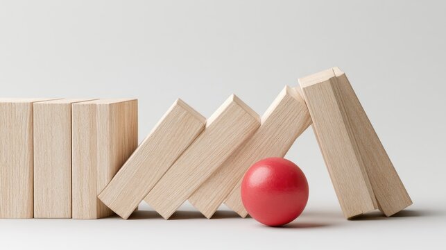 Wooden blocks toppling, one red sphere preventing collapse on a white surface
