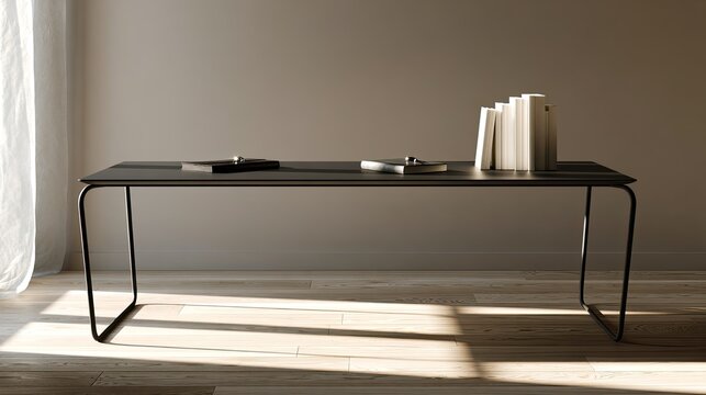 Modern, minimalist dark wooden table with books and light streaming through window
