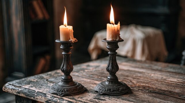 Two old, burning wax candles in ornate metal holders on a worn wooden table