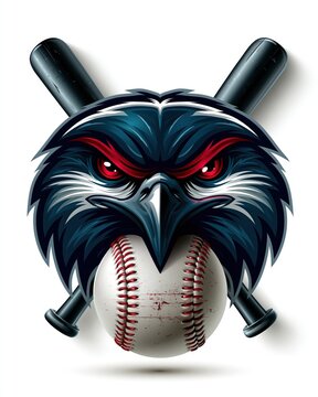 Classic fierce baseball sports logo emblem with aggressive eagle head behind crossed bats and red stitched ball on white background.