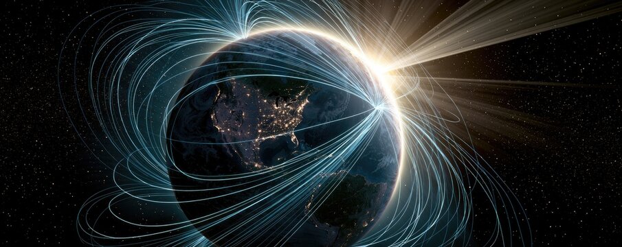 Planet illuminated by sunrise with glowing magnetic field lines in space