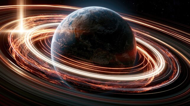 Fiery planet surrounded by luminous rings of light