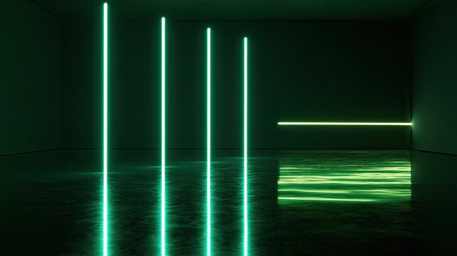 Futuristic dark room with glowing green neon light installations