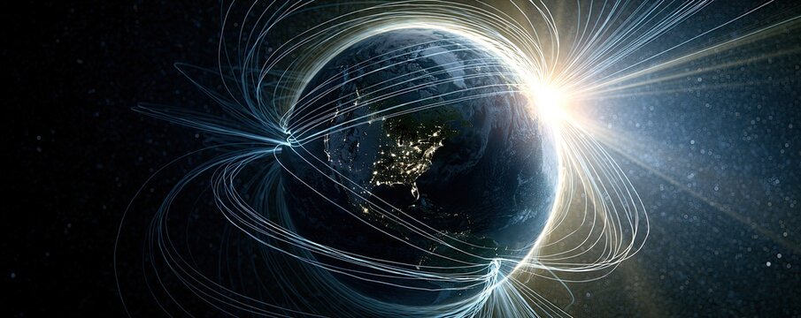 Earth viewed from space with glowing magnetic field lines and bright sun rays