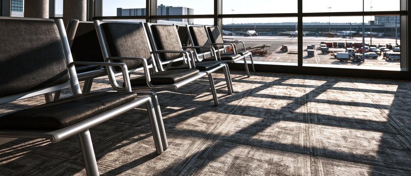 Rows of chairs in an airport lounge with sunlit floor and tarmac view