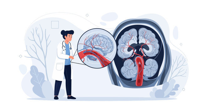 Doctor examines brain aneurysm with detailed illustration of blood vessels and brain anatomy, medical concept
