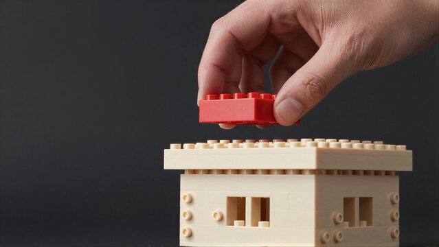 Hand places red LEGO brick atop beige structure, symbolizing growth or construction.