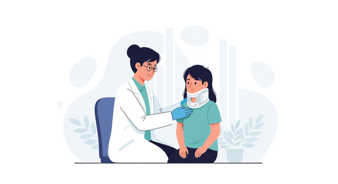 Doctor examining a child wearing a neck brace for injury recovery and medical care