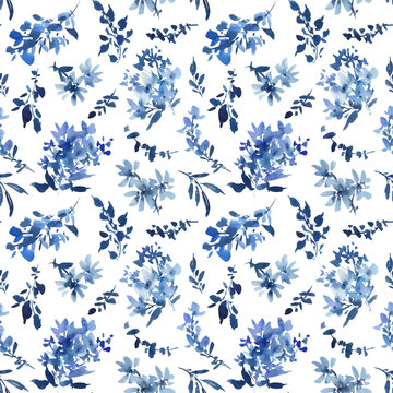 Watercolor blue wild flowers seamless pattern on transparent  background for fabric, wall paper and surface design