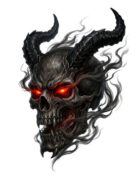 A dark, smoky skull with glowing red eyes and devil horns on a white background
