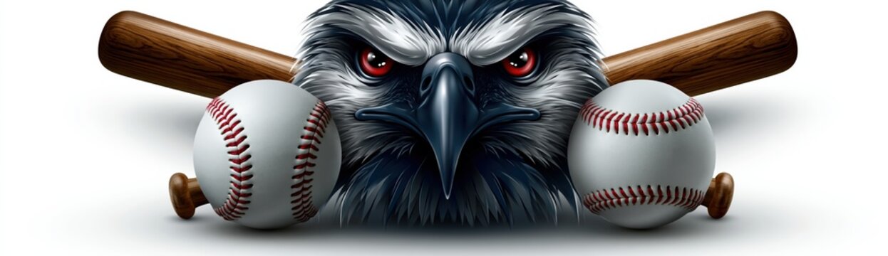Classic fierce baseball sports logo emblem with aggressive eagle head behind crossed bats and red stitched ball on white background.