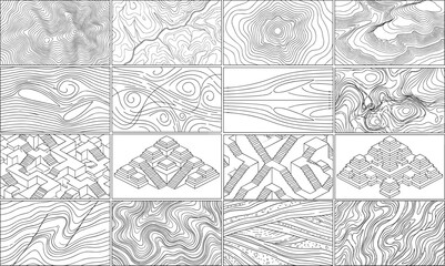 Obraz premium Collection of black and white abstract line art featuring topographic contours, fluid dynamics, and isometric patterns