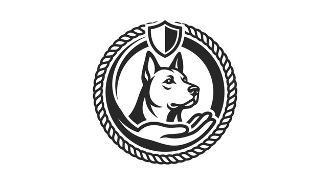 Circular dog head emblem with shield