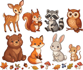 Obraz premium Cute woodland animals vector set with bear fox deer rabbit squirrel raccoon owl mouse and autumn elements on white background.