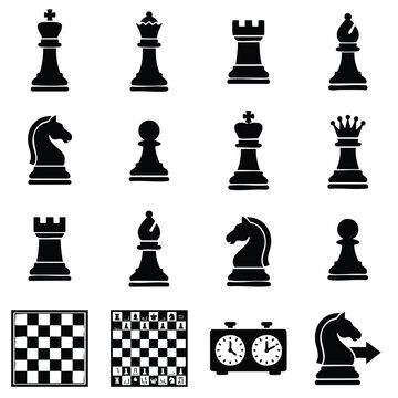 Chess pieces collection with board and game clock in black silhouette icons strategy competition collection silhouette isolated checkmate intellect recreation tournament challenge