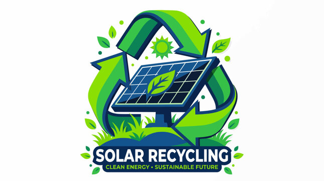 Solar recycling logo with solar panel and green recycling arrows symbolizing sustainable clean energy concept vector illustration