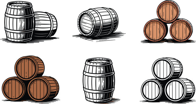 Wooden Barrel Icon Set with Vintage Wine Casks and Engraved Sketch Illustrations for Brewery Distillery Pub Branding and Alcohol Drink Graphic Designs,