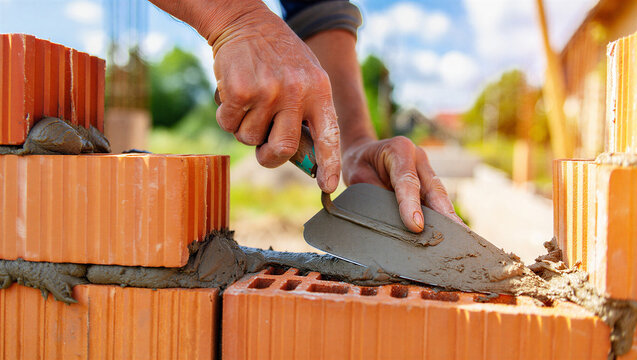 Mason laying red brick wall with trowel and cement mortar bricklayer brickwork construction
