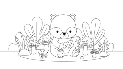 Fototapeta premium Cute Bear Coloring Page Eating Cookie Surrounded by Mushrooms and Leaves