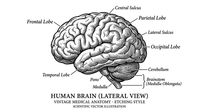 Human Brain Anatomy Lateral View Vintage Etching Style Scientific Illustration