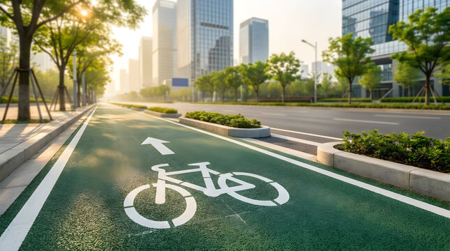 Dedicated green bicycle lane on a modern city street promoting sustainable urban mobility and eco-friendly transportation infrastructure