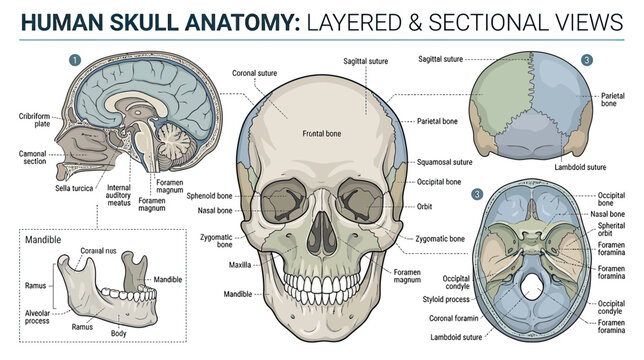 Human Skull Anatomy: Layered & Sectional Views, Medical Illustration