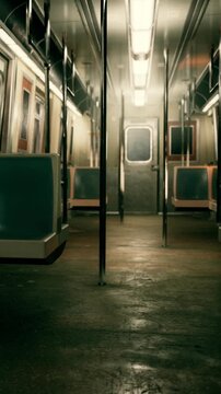 A subway train car sits empty late at night. The seats are green and orange. Lights shine bright above while the floor shows wear from many passengers. The atmosphere feels quiet and still.
