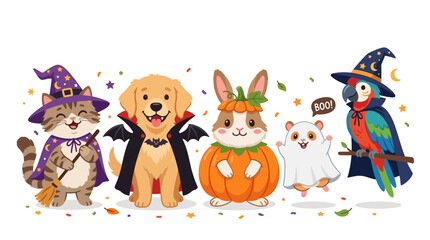 Naklejka premium Halloween animals in costumes cat dog rabbit hamster parrot