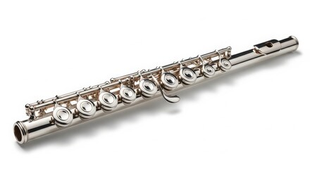 Obraz premium Silver concert flute musical instrument isolated on white background with instrument orchestra woodwind classical performance symphony professional aerophone harmonic acoustic