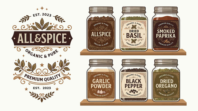 Spices and Herbs in Jars with Vintage Labels and Emblem