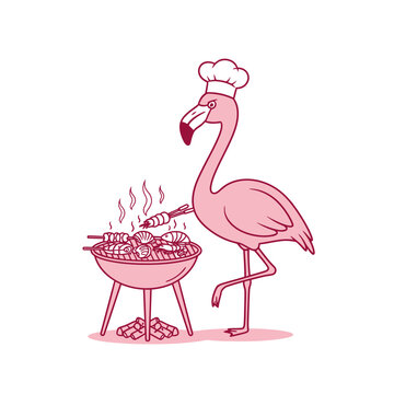 A flamingo wearing a chef hat grills food on barbecue outdoor.