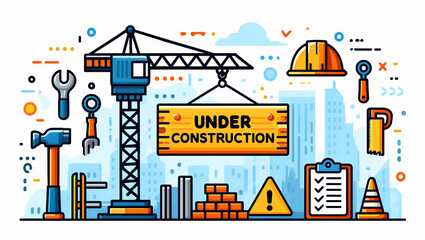 Naklejka premium Under construction graphic illustration with tower crane and builder tools construction building
