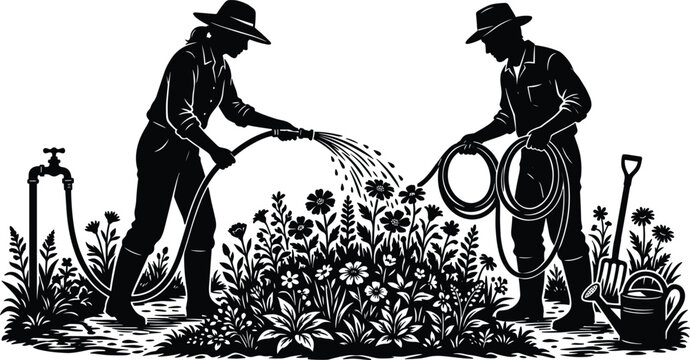 Garden Watering Silhouette Vector Illustration with Two Gardeners Spraying Flower Bed with Hose Connected to Water Tap and Spigot System