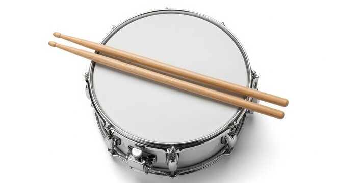 Snare drum with wooden drumsticks resting on top drumsticks percussion instrument entertainment performance equipment isolated background creative practice ensemble classical