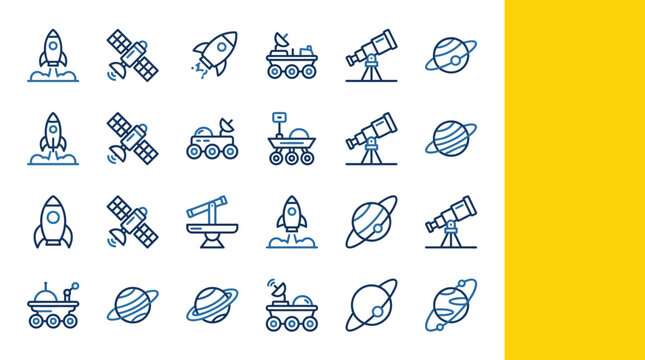 Space discovery icons displaying rovers, telescopes, and orbital rockets are organized in a structured layout to highlight astrophysical observation and the ongoing search for extraterrestrial life.