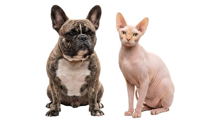 French bulldog wearing a collar sitting beside a hairless sphynx cat with large upright ears shown as an isolated PNG with transparent background © Inkartia