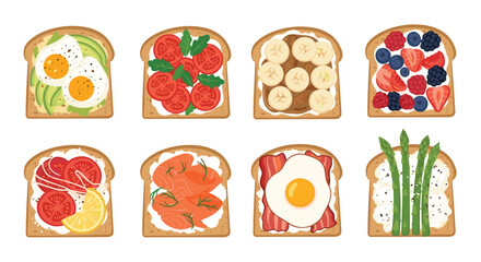 Fototapeta premium Set of healthy breakfast toast varieties with different toppings like eggs, avocado, fresh tomatoes, salmon, fruit, bacon, and asparagus.