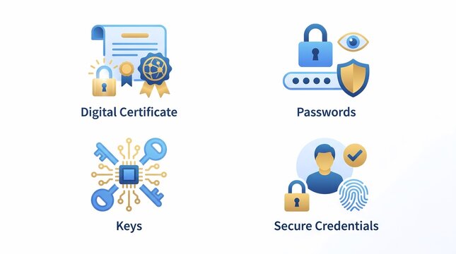 Identity and Access Management Icon Pack with Digital Certificate Password Security Encryption Keys and Secure Credentials