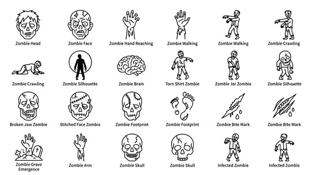 Zombie Icons Set Outline Vector Illustration of Heads, Hands, Walking, Crawling and Bite Marks in Black and White Style