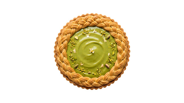 Pistachio tart with a braided pastry crust topped with crushed nuts and gold leaf as PNG isolated transparent background