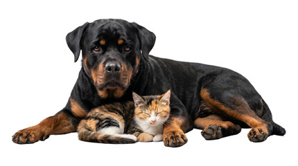 Obraz premium Rottweiler dog lying beside a sleeping calico kitten resting between its paws as PNG isolated transparent background
