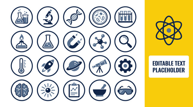 Science icons collection presents diverse research tools and laboratory imagery in circular frames with a bright yellow sidebar providing an editable area for text input in a clean digital style.