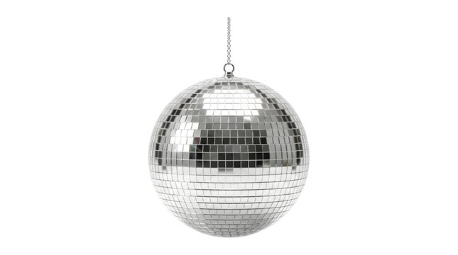 Silver mirrored disco ball hanging from a metal chain with reflective square tiles as an isolated PNG with transparent background